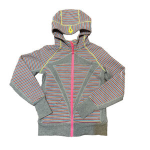 Ivivva By Lululemon Size 12 (junior) Scuba Hoodie Sweatshirt Gray Pink Stripes